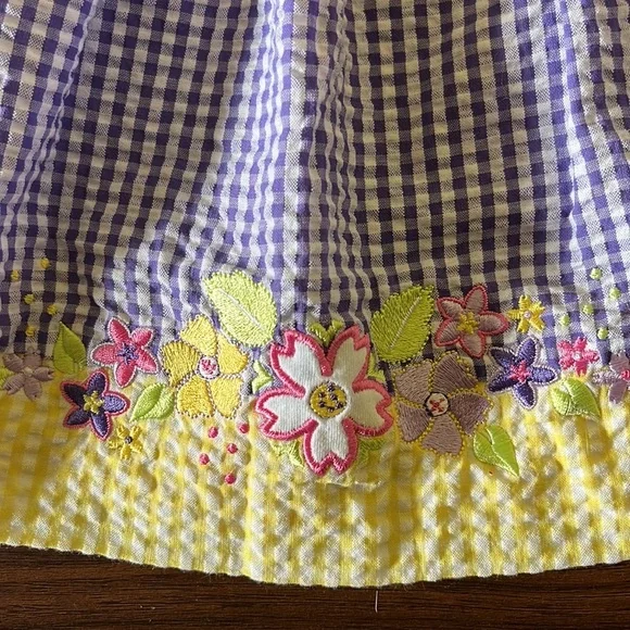 Vintage Cotton Toddler Dress Yellow Purple Floral Gingham Peter Pan Collar NEW - Picture 3 of 6